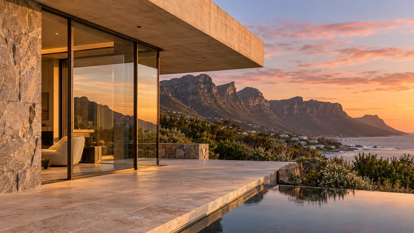 Stone and glass home with an infinity pool, looking over the Twelve Apostles and the Atlantic at sunset